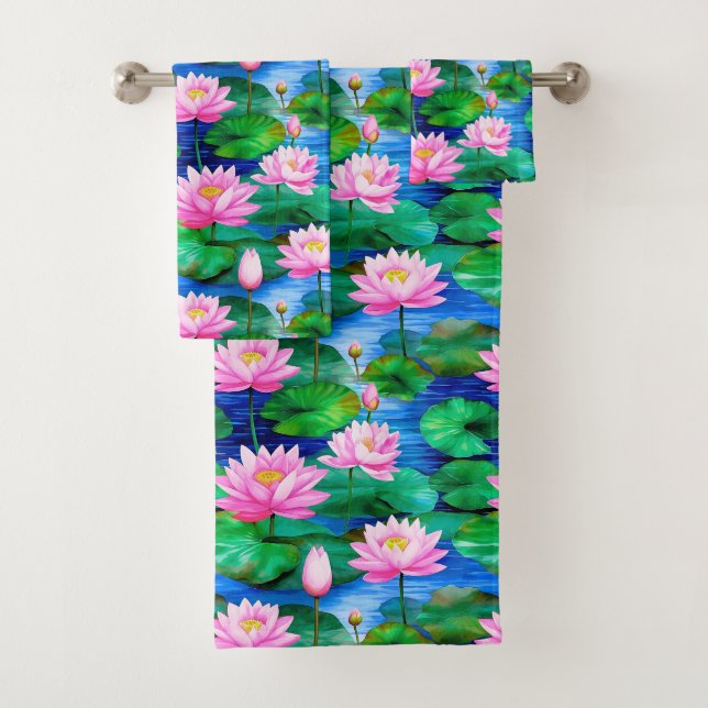 Pink Lotus Flowers on a Pond Bath Towel Set (Insitu)