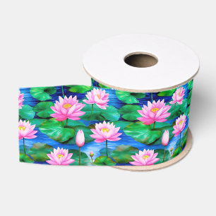Pink Lotus Flowers on a Pond Grosgrain Ribbon