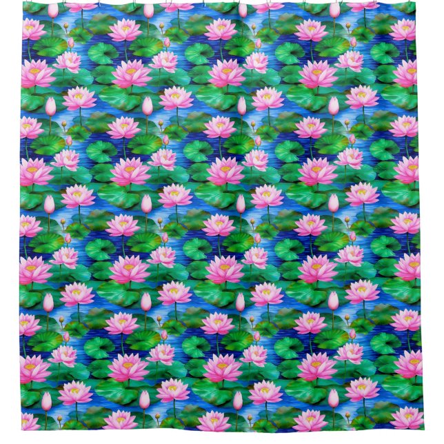 Pink Lotus Flowers on a Pond Shower Curtain (Front)
