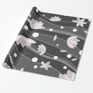 Pink Lotus Flowers on Black Stripes Wrapping Paper