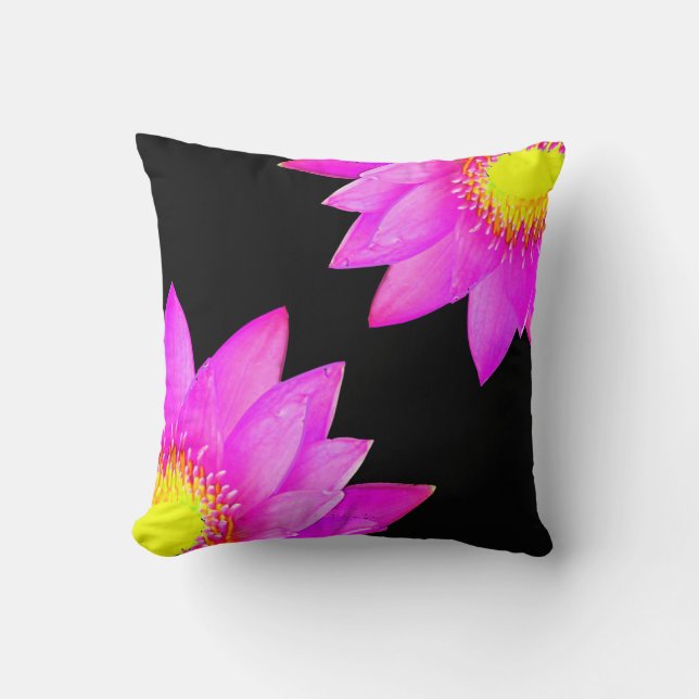 Pink Lotus Flowers on Black Throw Pillow (Front)