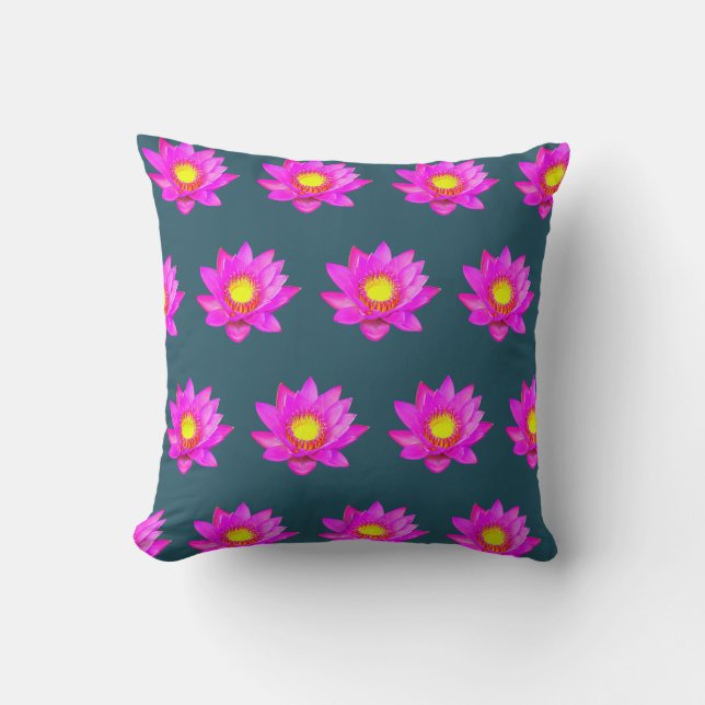 Pink Lotus Flowers on Blue Throw Pillow (Front)