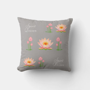 Pink Lotus Flowers on Light Silver Grey Cushion