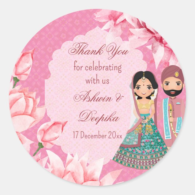 Pink lotus flowers with cute Indian bridal couple Classic Round Sticker (Front)