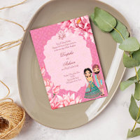 Pink lotus flowers with cute Indian bridal couple