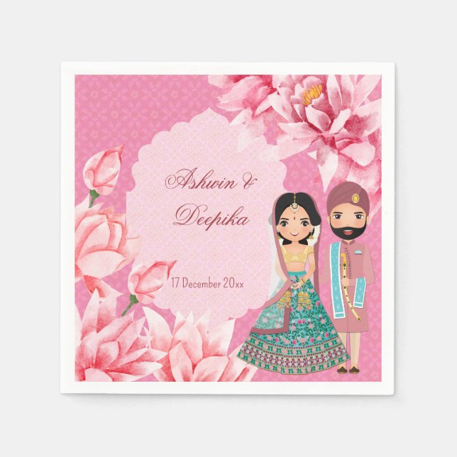 Pink lotus flowers with cute Indian bridal couple  Napkin (Front)