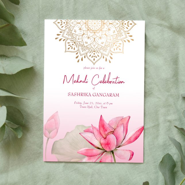 Pink lotus gold mandala Indian wedding mehndi Invitation (Creator Uploaded)
