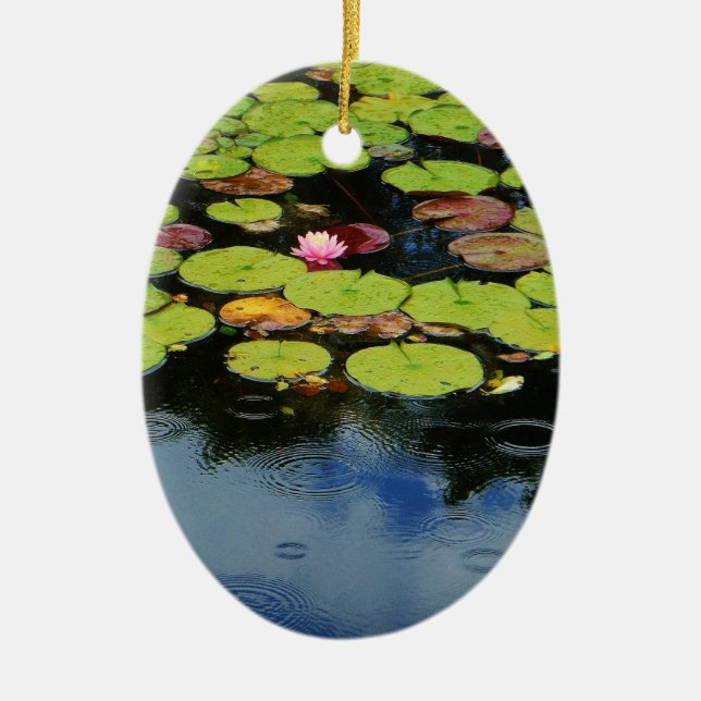 Pink lotus in Rain Ceramic Tree Decoration (Front)
