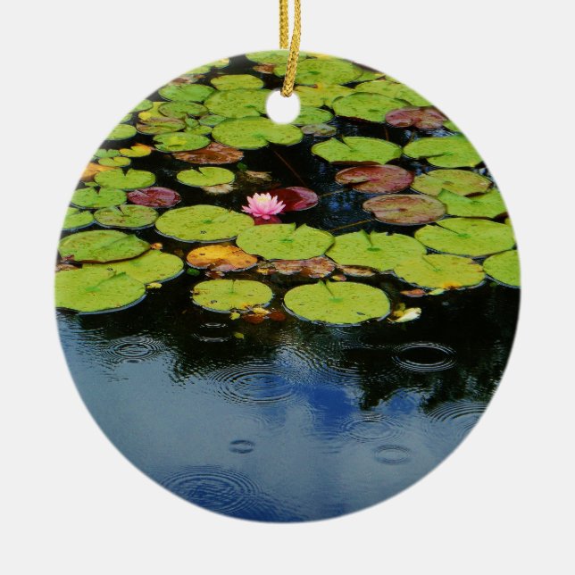 Pink lotus in Rain Ceramic Tree Decoration (Front)