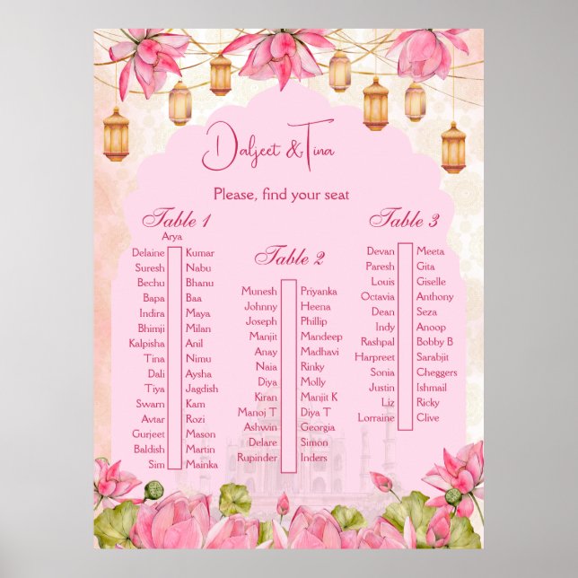 Pink lotus Indian wedding table seating plan Poster (Front)