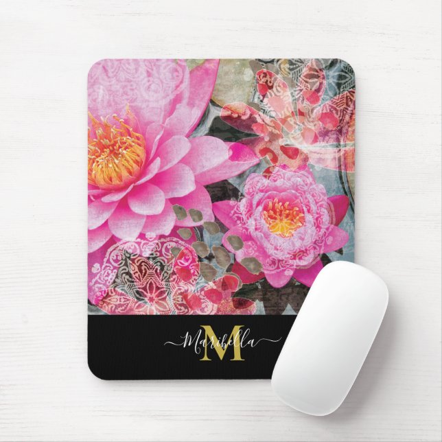 Pink Lotus Lily Mandala Personalise Monogram Mouse Pad (With Mouse)