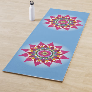 Pink Lotus Mandalas on Blue Yoga Mat