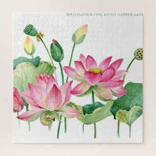 Pink Lotus Watercolor Border Jigsaw Puzzle