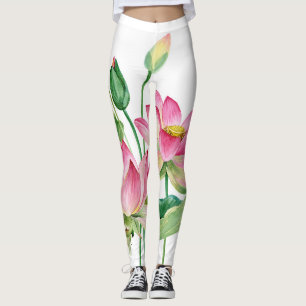 Pink Lotus Watercolor Border Leggings