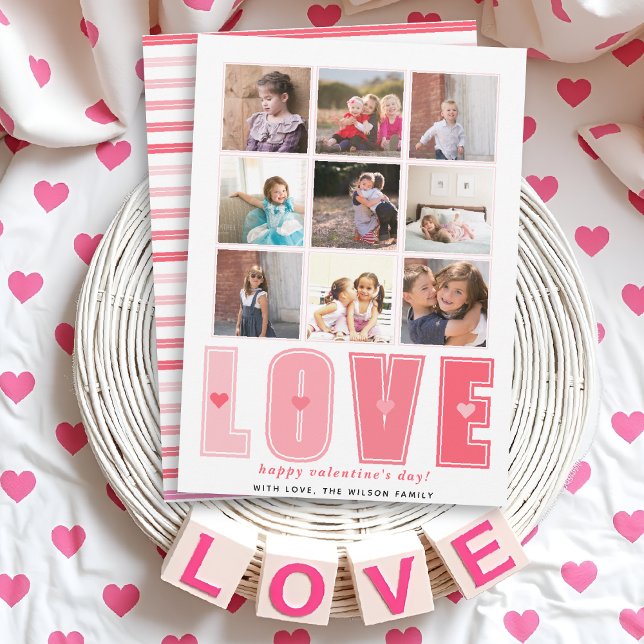 Pink LOVE and hearts Valentines Day nine photos Holiday Card (Creator Uploaded)