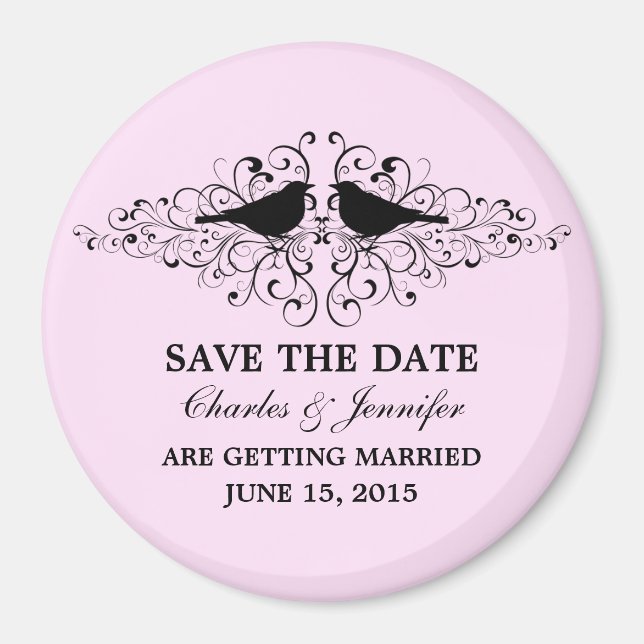 Pink Love Bird Swirls Save the Date Magnet (Front)
