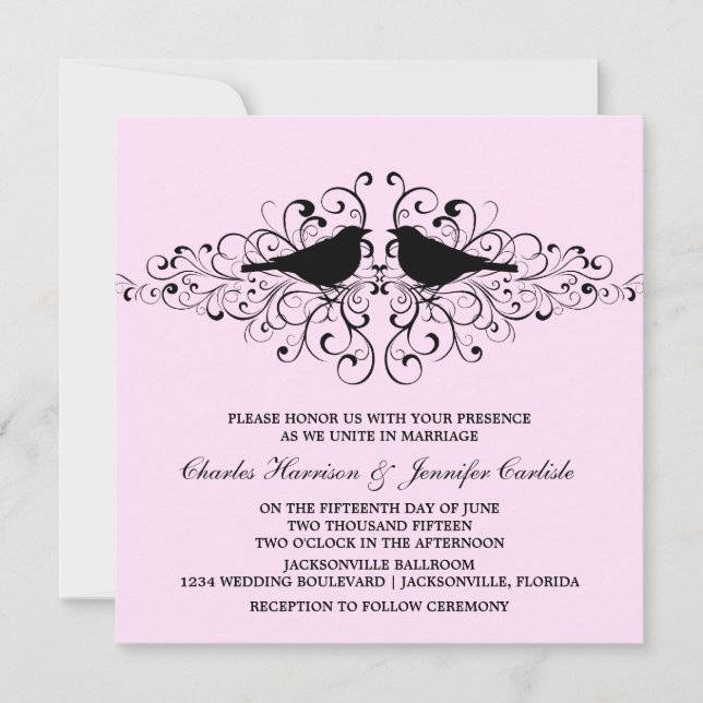 Pink Love Bird Swirls Wedding Invitation (Front)