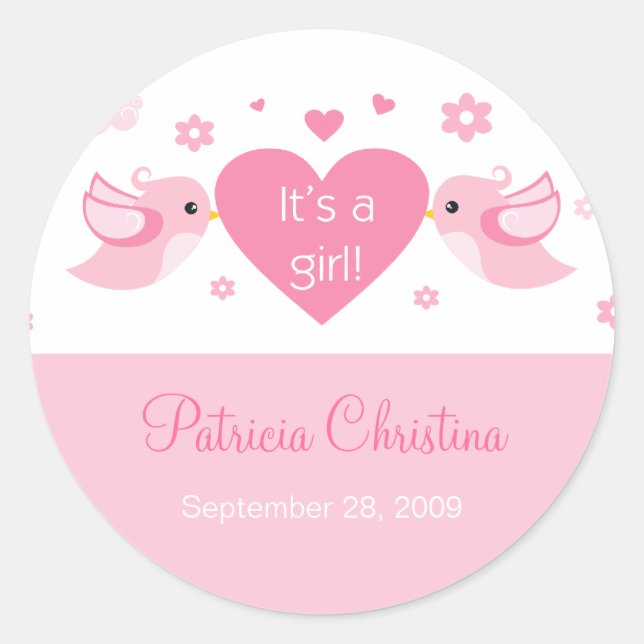 Pink Love Birds Baby Birth Announcement Classic Round Sticker (Front)