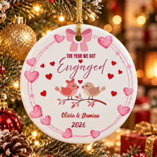Pink Love Birds Engaged Christmas Ceramic Tree Decoration