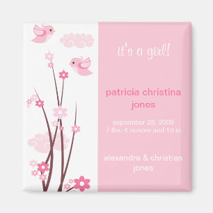 Pink Love Birds Spring Flowers Baby Announcement Magnet