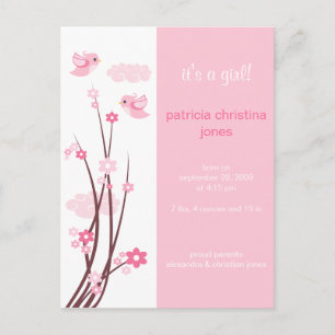 Pink Love Birds Spring Flowers Baby Announcement Postcard