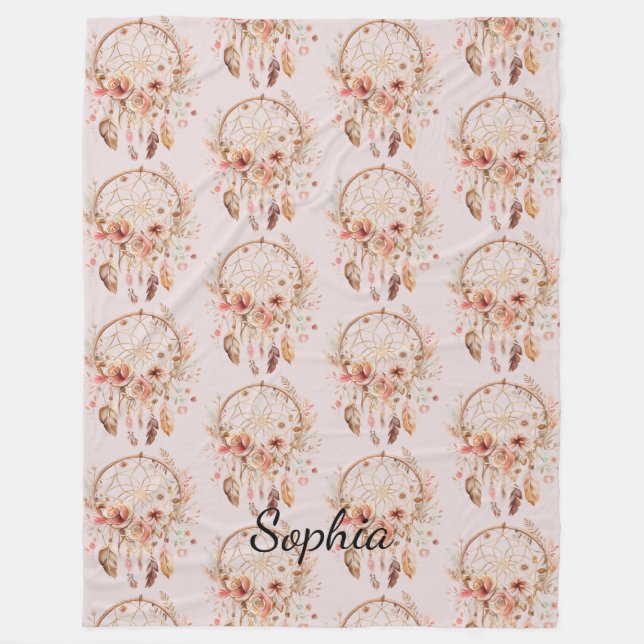 Pink Love Boho Floral Feathers Dream Catcher Fleece Blanket (Front)