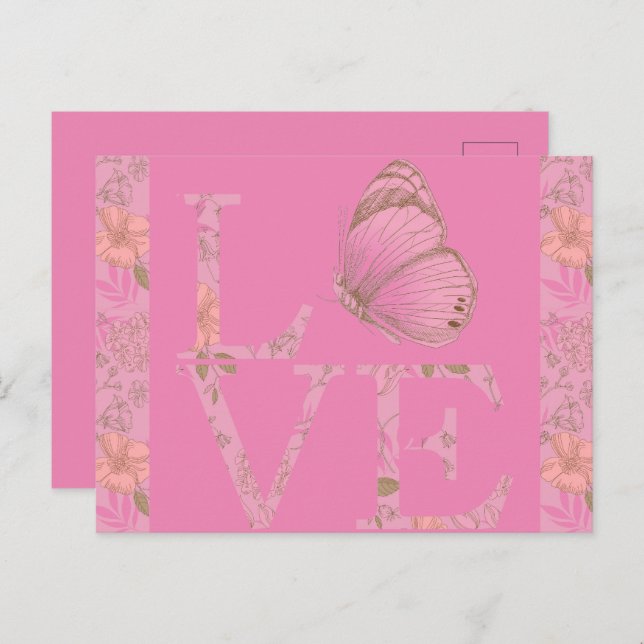 Pink Love Butterfly Floral Postcard (Front/Back)