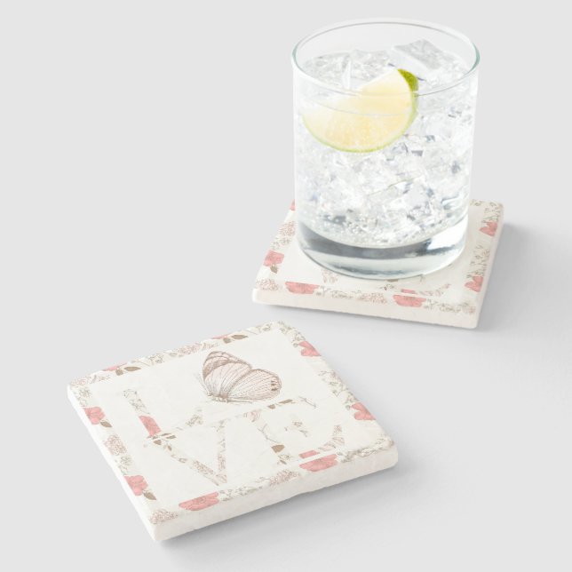 Pink Love Butterfly Floral Stone Coaster (Side)