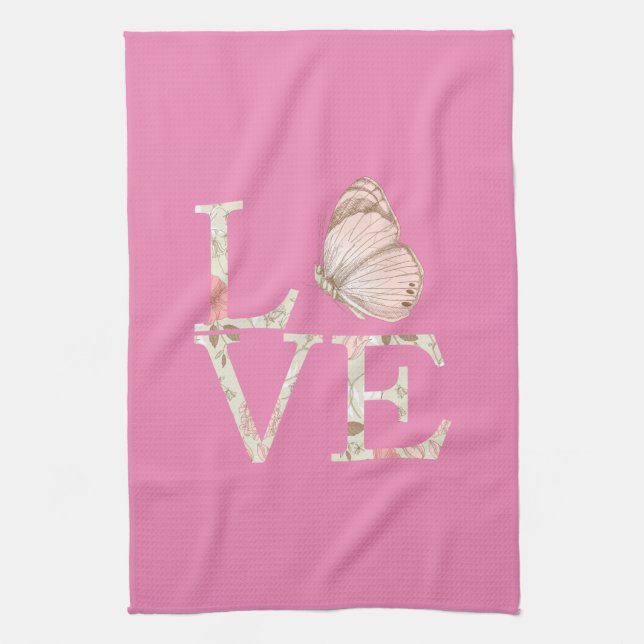 Pink Love Butterfly Floral Tea Towel (Vertical)