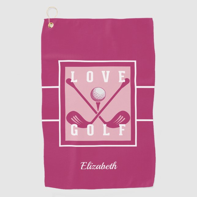Pink LOVE GOLF Modern Monogram Personalised Towel (Front)