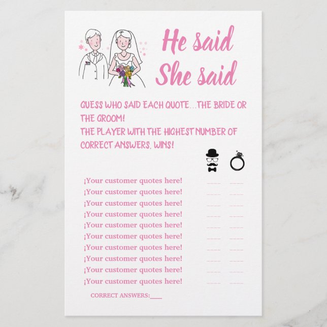 PINK LOVE HE SAID SHE SAID SHOWER GAME CARD (Front)