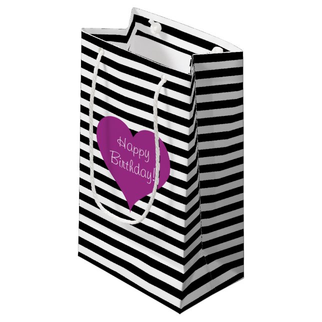 Pink Love Heart Black & White Striped Pattern Text Small Gift Bag (Front Angled)