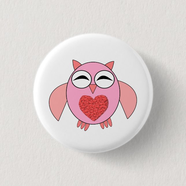 Pink Love Heart Owl Button (Front)