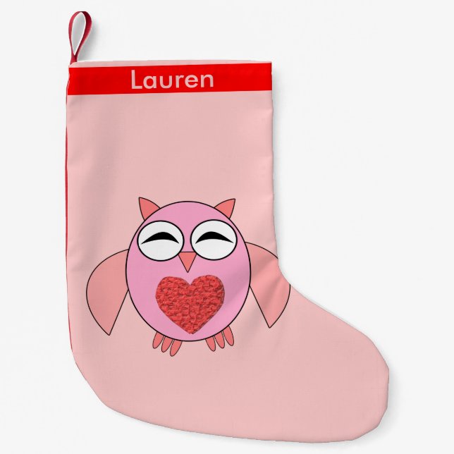 Pink Love Heart Owl Custom Christmas Stocking (Front)