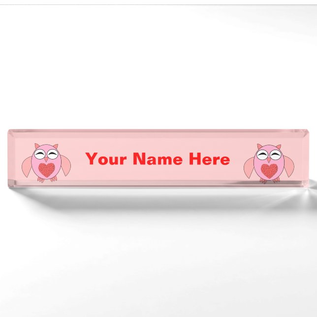 Pink Love Heart Owl Custom Desk Nameplate (Front)