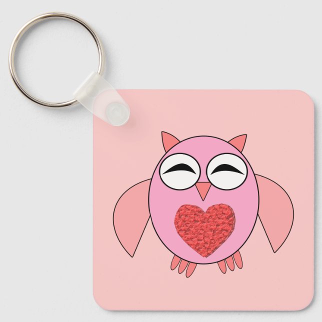 Pink Love Heart Owl Custom Key Ring (Front)