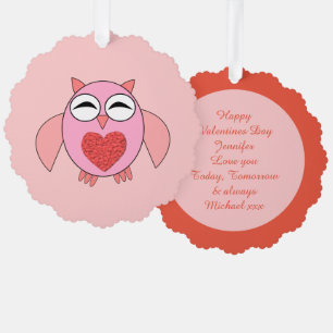 Pink Love Heart Owl Custom Tree Decoration Card