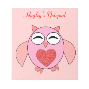 Pink Love Heart Owl Customisable Notepad