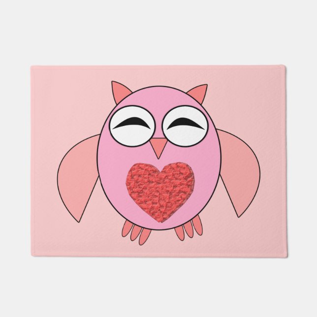 Pink Love Heart Owl Door Mat (Front)