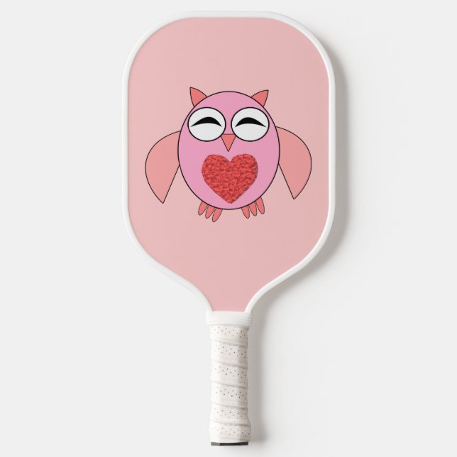Pink Love Heart Owl Pickleball Paddle (Front)