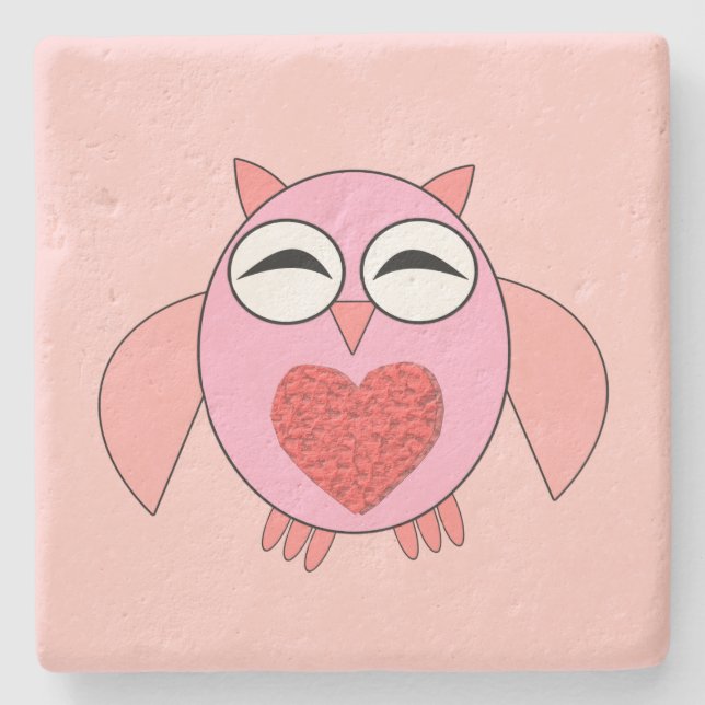 Pink Love Heart Owl Stone Coaster (Front)