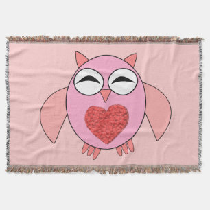 Pink Love Heart Owl Throw Blanket