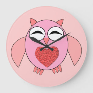 Pink Love Heart Owl Wall Clock