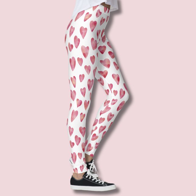 Pink Love Heart Pattern Leggings (Pink watercolor love heart leggings)