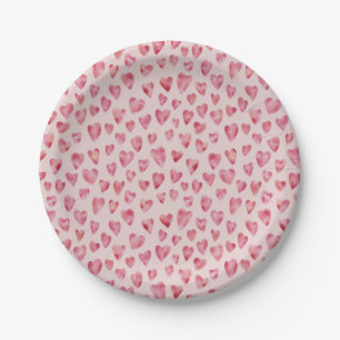 Pink Love Heart Watercolor Pattern Paper Plate
