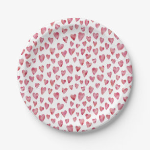 Pink Love Heart Watercolor Pattern Paper Plate