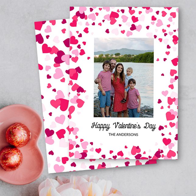 Pink Love Hearts Family Photo Valentine's Day Holiday Card (Happy Valentine's Day Family Photo - Order Printed or Instand Download)