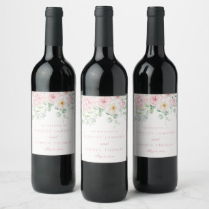 Pink Love in Bloom Floral Hydrangeas Wedding Wine Label