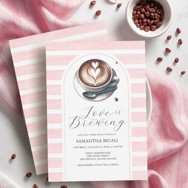 Pink Love Is Brewing Bridal Shower Invitations (pink love is brewing coffee bridal shower theme invitations on sale @ small business do tell a belle)