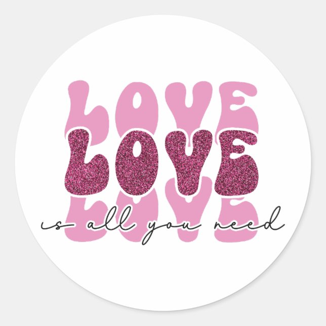 Pink "Love" Stacked Bubble Font Classic Round Sticker (Front)